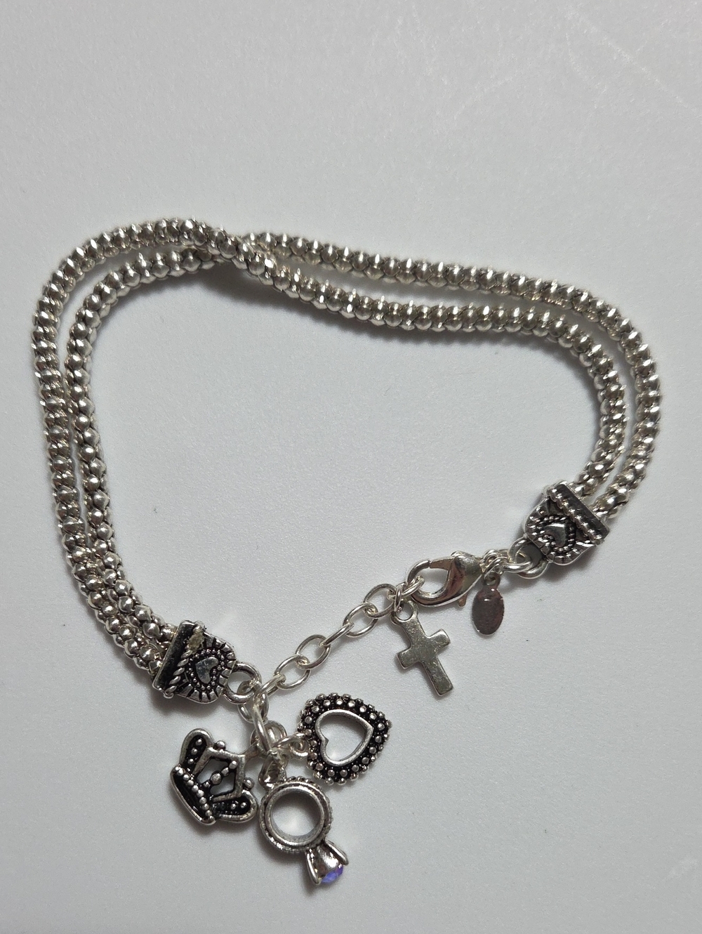Premier Designs Silver Tone Charm Bracelet Crown Cross Heart Ring Multi Strand